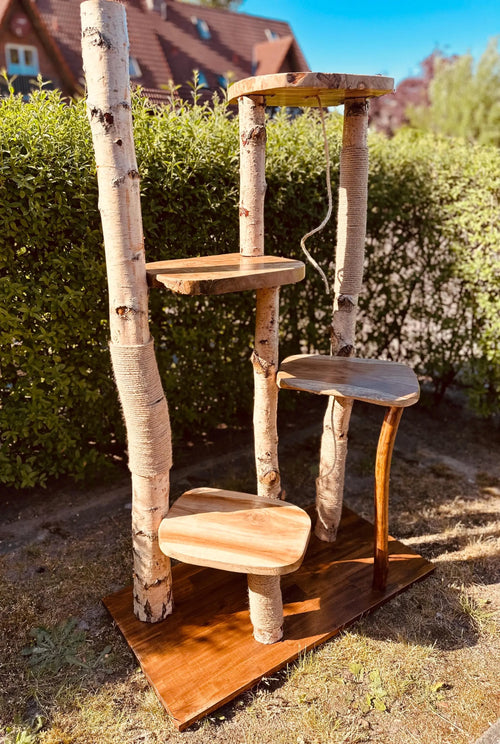 Kratzbaum "Bruno" aus Naturholz - Handgefertigt – Birke & Akazie – Für Innen und Außen – Platzsparend  – Kratzmöbel für Katzen – Nachhaltiges Design Bunterkopf